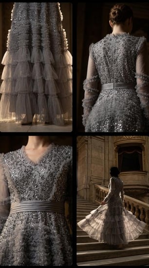 فستان سهرة فخم بتطريز يدوي ولون رمادي