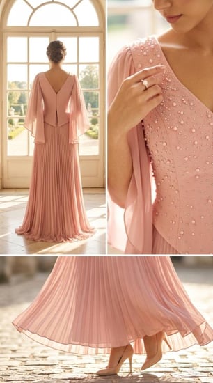 فستان سهرة وردي مطرز باللؤلؤ بليسيه