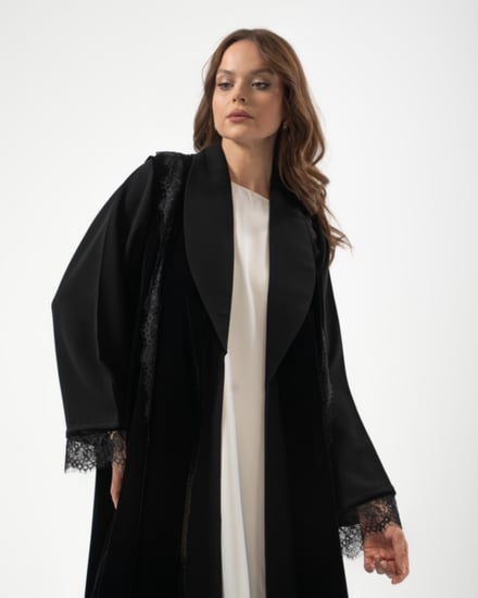 عباية من قطعتين كريب و مخمل مع تدخيلات دانتيل بقصة ربع كلوش