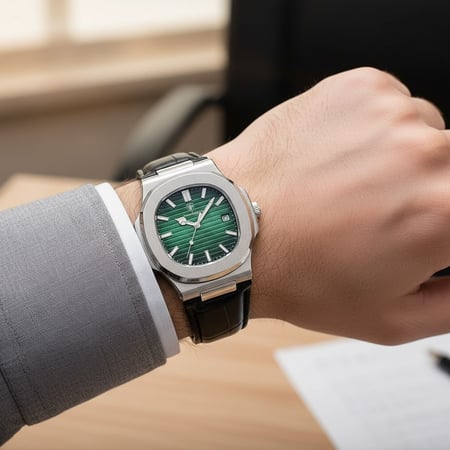 ساعة رجالية فاخرة سوار جلد  بتصميم مستوحى عالمي  موديل فضي   5-613