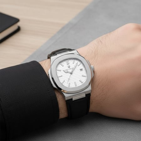 ساعة رجالية فاخرة سوار جلد  بتصميم مستوحى عالمي  موديل فضي   5-613