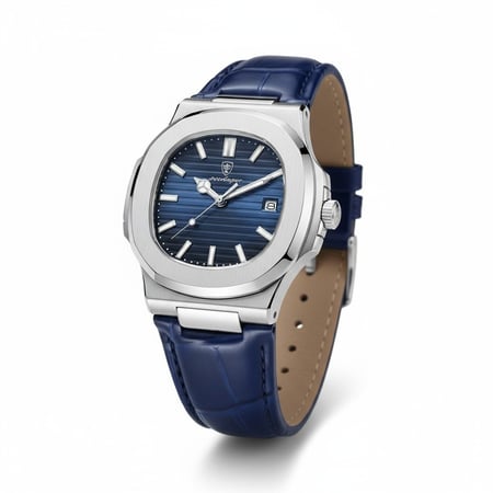 ساعة رجالية فاخرة سوار جلد  بتصميم مستوحى عالمي  موديل فضي   5-613