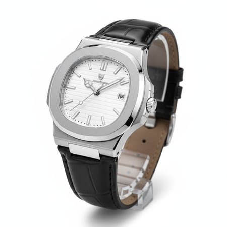 ساعة رجالية فاخرة سوار جلد  بتصميم مستوحى عالمي  موديل فضي   5-613