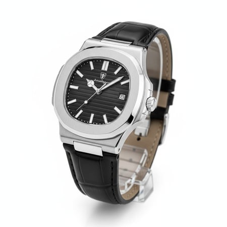 ساعة رجالية فاخرة سوار جلد  بتصميم مستوحى عالمي  موديل فضي   5-613