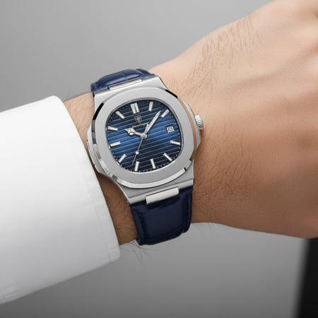 ساعة رجالية فاخرة سوار جلد  بتصميم مستوحى عالمي  موديل فضي   5-613