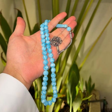 سبحة بكلايت سماوي مخلوط مع طربزونه فضه