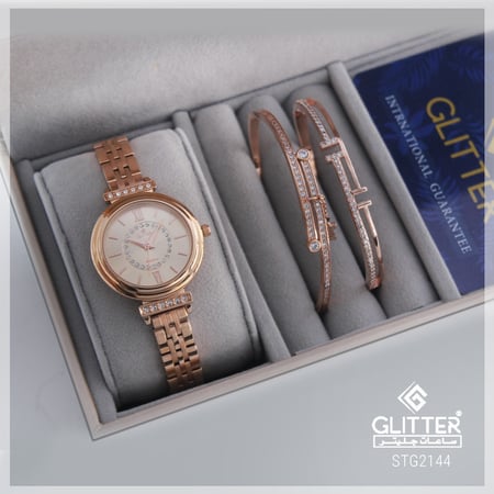 طقم نسائي ساعة من لونين ميناء فضي استالس ستيل مع سوارتين زركون وكرت إهداء