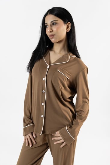 طقم بيجاما بأكمام طويلة من البامبو الطبيعي- بيج