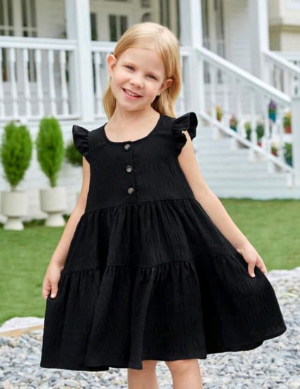 فستان بناتي أسود - ربع كم - واسع