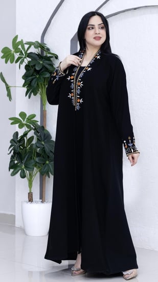 عباية كريب اندونيسي اسود تطريز ملون