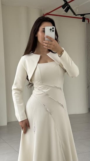 فستان قطعتين راقي جاكيت انيق اكمام طويله