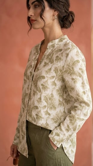 بلوزة "أوليفيا" بنقشة الدمسق الطبيعية (Olivia Damask Linen Blouse)