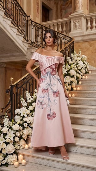فستان "روزيت" المطرز (Rosette Embroidered Off-Shoulder Gown)
