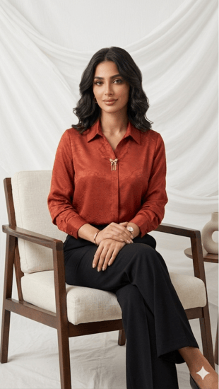 "بلوزة أورورا الساتان المنقوشة" (Aurora Embossed Satin Blouse)