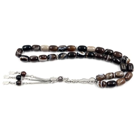 سبحة عقيق كبدي بخرز بيضاوي 10 مم بتدرجات بنية وسوداء