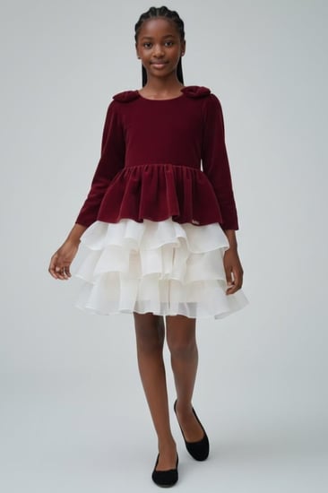 فستان بناتي مخملي عنابي بطبقات تول أبيض |S01242