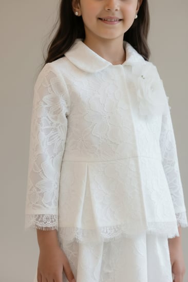بلوزة بناتي - بلوزة اطفال بلوزة دانتيل بيضاء فاخرة مزينة بزهرة كبيرة