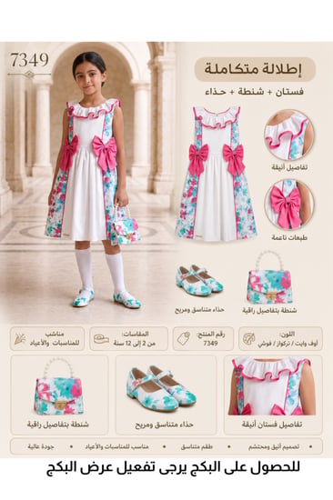 فستان بناتي أبيض رسوم زهور جانبية 7349