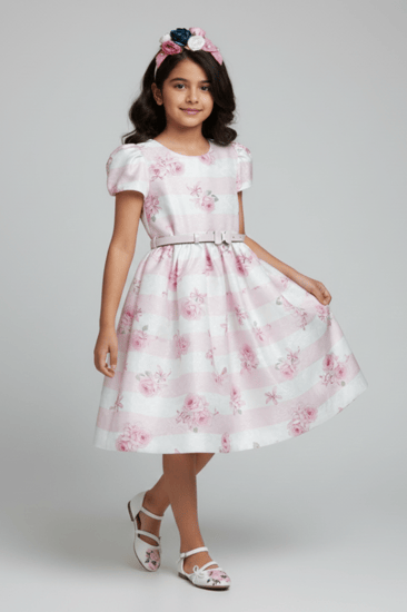 حذاء بناتي أبيض مزين بورود وردية وربطة جانبية