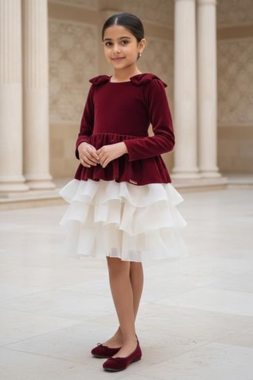 فستان بناتي مخملي عنابي بطبقات تول أبيض للمناسبات
