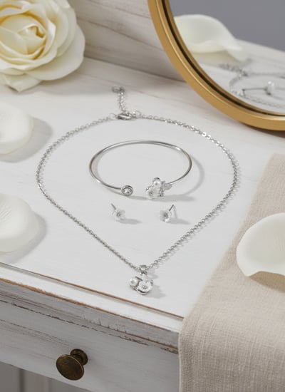 طقم مجوهرات فضي أنيق بتصميم زهري مكون من عقد، سوار، وأقراط بتفاصيل لؤلؤية ناعمة