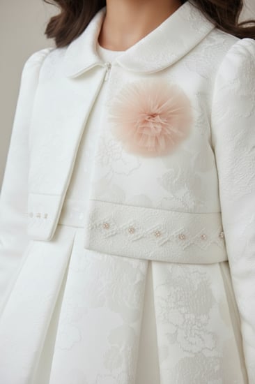 فستان بناتي - فستان اطفال - فستان أبيض فاخر بنقشة ورود مع جاكيت قصير