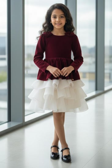 فستان بناتي مخملي عنابي بطبقات تول أبيض للمناسبات