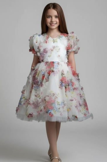 فستان مورد أبيض كرنشة من أسفل بناتي من العيسائي للأطفال