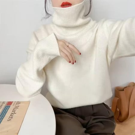 سترة صوف عالية الرقبة المرأة عادية فضفاضة لينة الدفء متماسكة