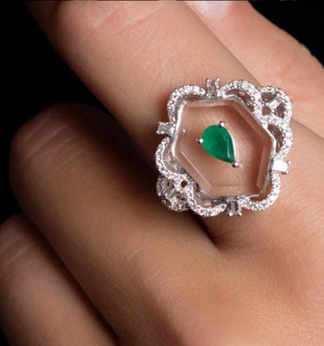 خاتم من الكوارتز الأبيض مصنوع من الذهب الأبيض عيار...