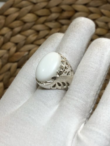 خاتم الفضة عقيق يمني أبيض طبشوري صياغة حجازية مميز...