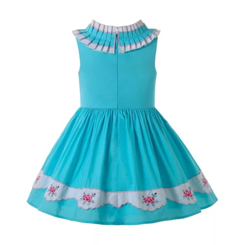 فستان بناتي أزرق بدون أكمام - طوق