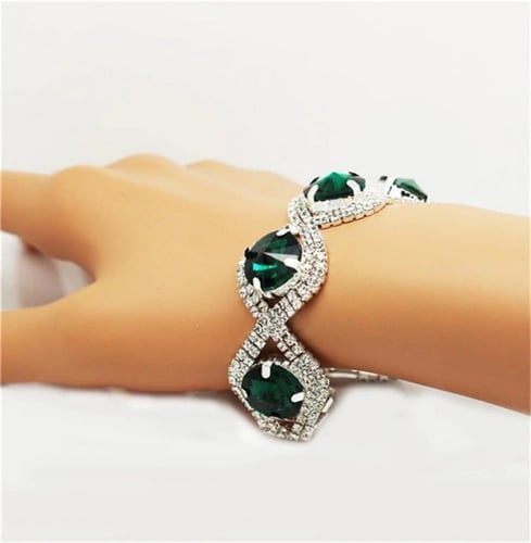 طقم مجوهرات مطلي فضة بحجر الكريستال لون اخضر