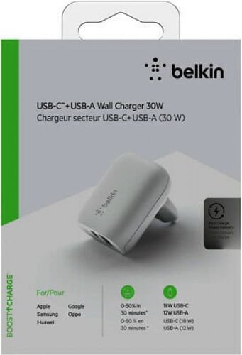 بيلكن شاحن جداري بقوة 30 واط منفذين تايبC وتايب A