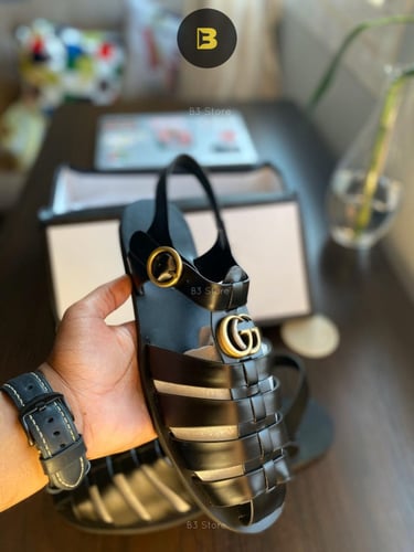 G Men's Black Rubber Buckle Strap Sandals