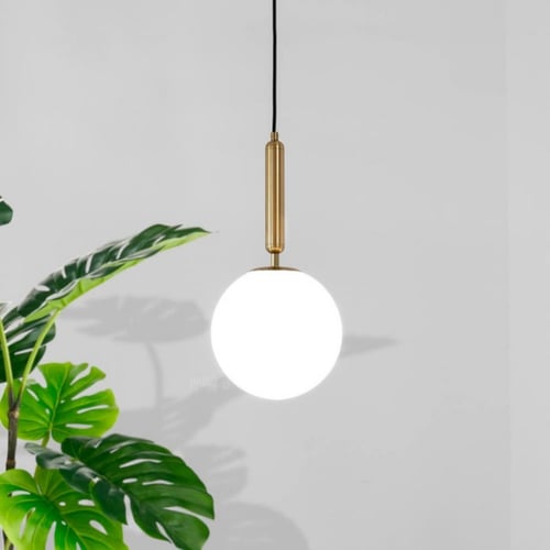 إنارة معلقة ذهبية زجاج كروي ابيض