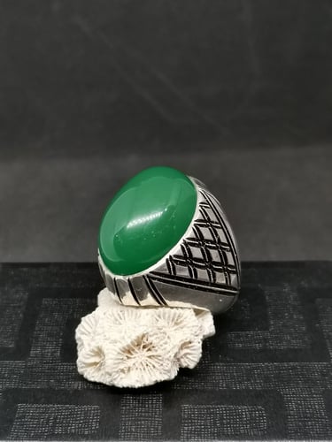 خاتم الفضة بحجر عقيق خرساني ايراني أخضر بصياغة الأ...
