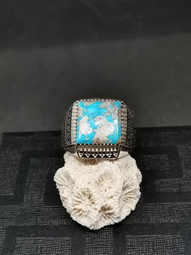 خاتم الفضة بحجر فيروز نيشابوري ايراني بصياغة عباسي...