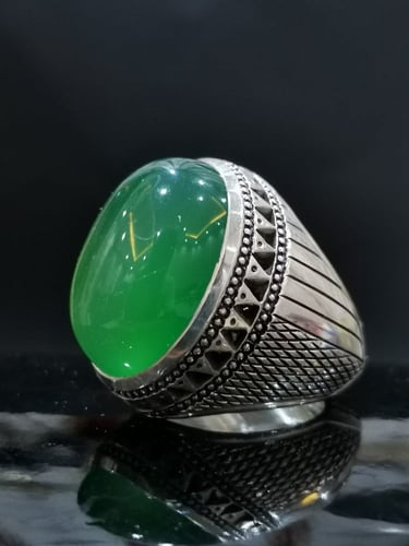 خاتم الفضة بحجر عقيق خرساني ايراني أخضر بصياغة الخ...