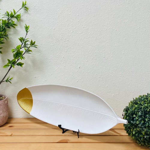 صحن خشب ورقة شجر ذهبي وابيض