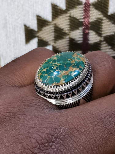 خاتم الفضة بحجر فيروز نيشابوري ايراني بصياغة عباسي...