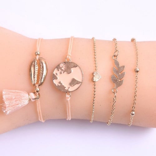 طقم اساور صدفة ورقة قلب وتعليقة لون زهري