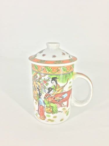 كوب شاي مكون من 4 قطع مزخرف بصور الثقافه الاسيويه