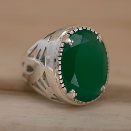 خاتم رجالي حجر الجاد الطبيعي واحجار الزركون