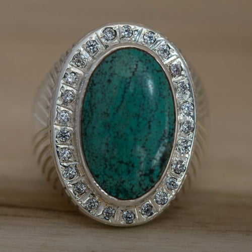 خاتم رجالي حجر الفيروز الطبيعي واحجار الزركون