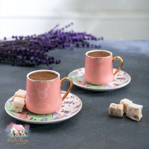 5739 طقم قهوة زهري بمسكة مذهبة لشخصين