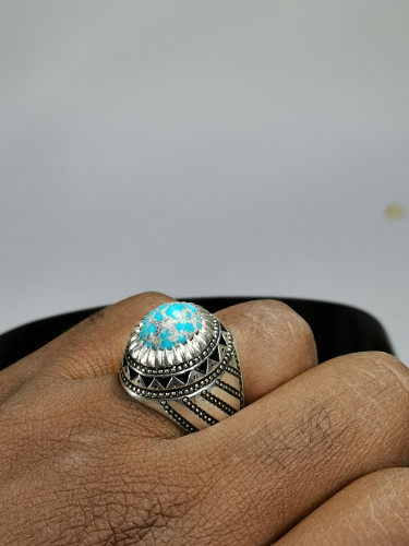 خاتم الفضة بحجر فيروز نيشابوري ايراني بصياغة الأست...