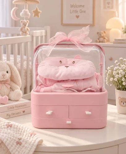 Luxury pink newborn gift box with storage drawer – 100% cotton set