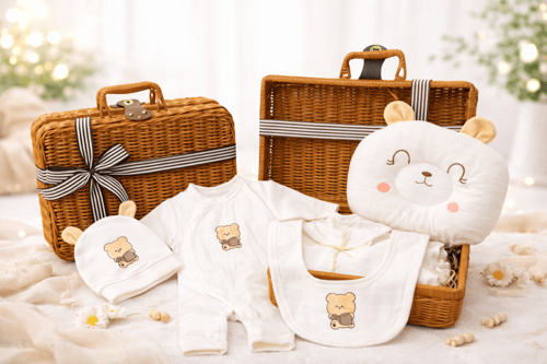 سلة مواليد فاخرة 11 قطعة – تنسيق راقٍ بحقيبة رتان...