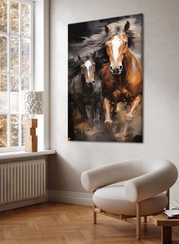 لوحة كانفاس على إطار خشبي بتصميم خيول راكضة